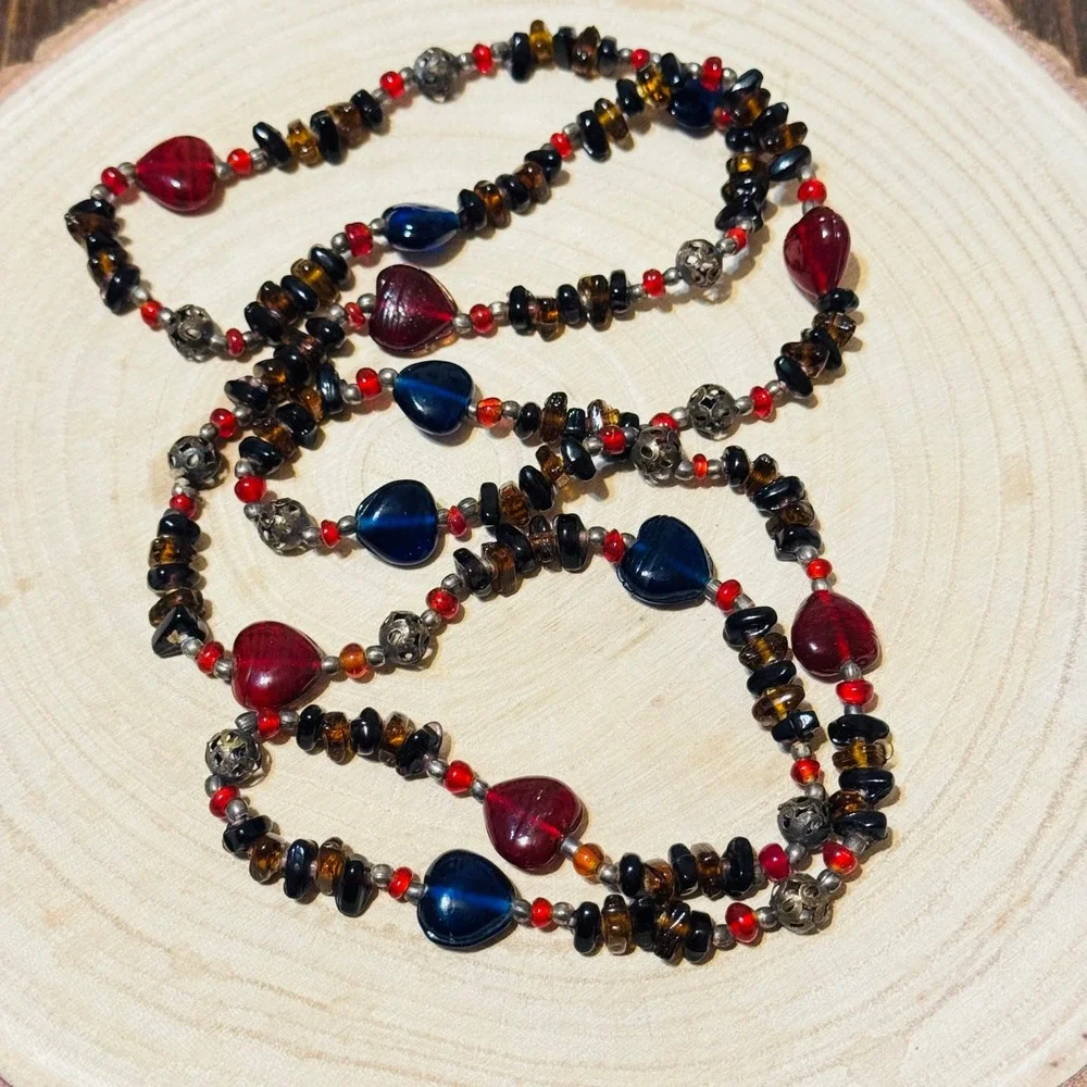 VTG BOHO Heart Necklace‎ colorful poured art Glass beads strand Statement 42